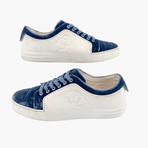 Chanel CC Rubber & Velvet Sneakers EU 38.5 US 7.5-8 Blue Low Top Logo Trainer - Picture 7 of 13